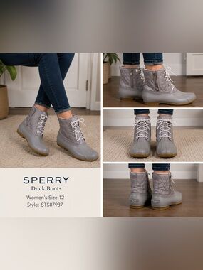 Sperry Women’s Duck Boots Size 12 Gray Quilted Waterproof Lace Up STS87937